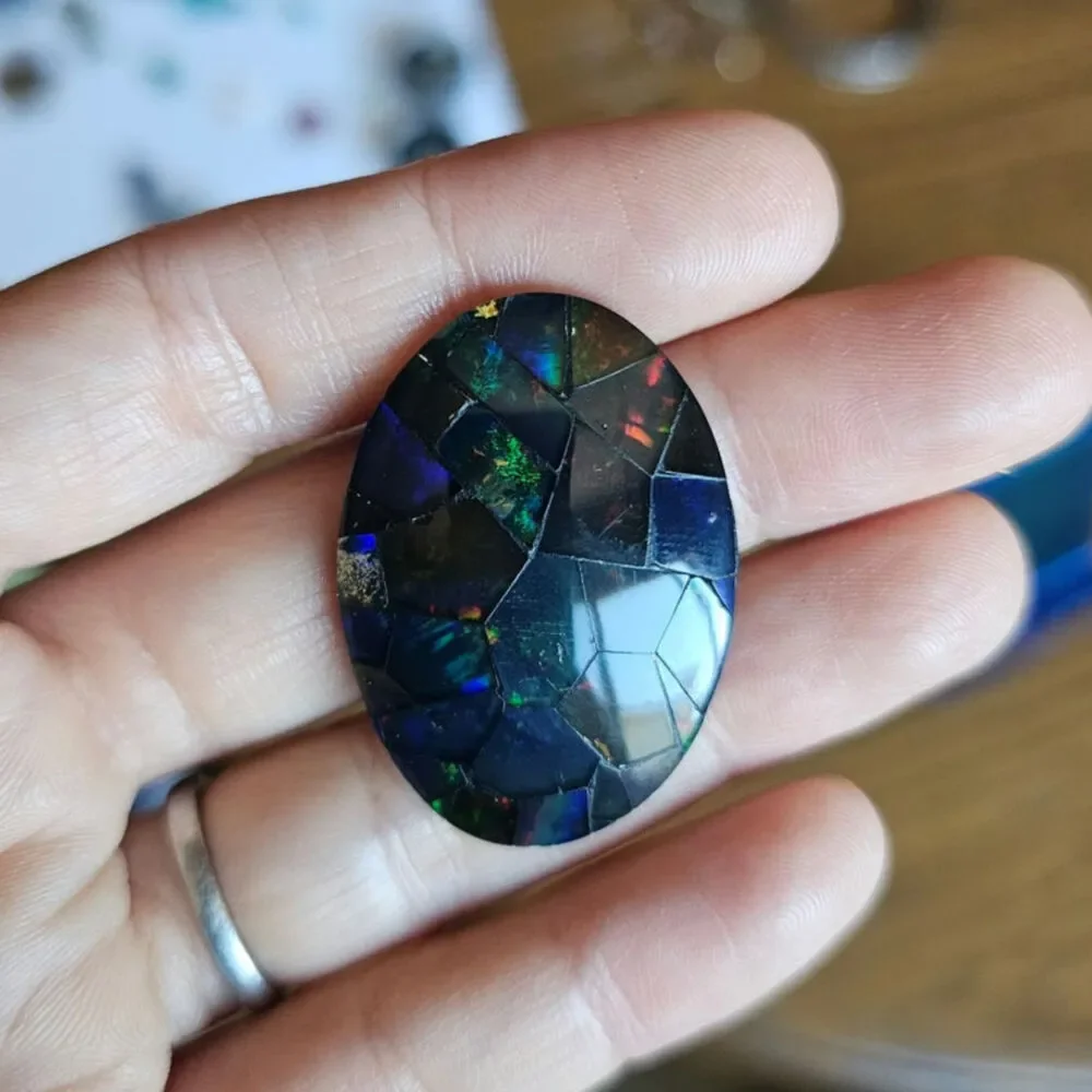 Large Australian Opal Mosaic Doublet Oval Cabochon 31.75 CT Loose Gemstone